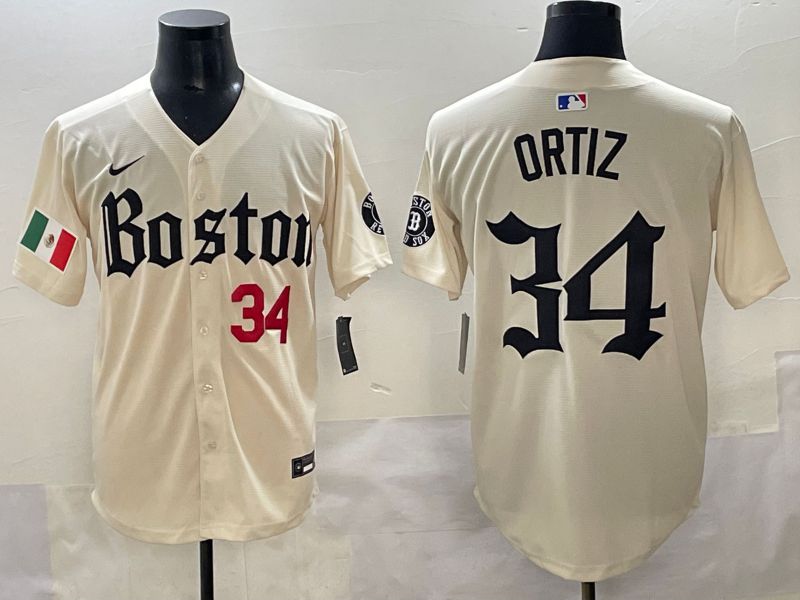 Men 2025 Boston Red Sox #34 Ortiz Cream Five generations Joint Name Nike MLB Jersey style 6